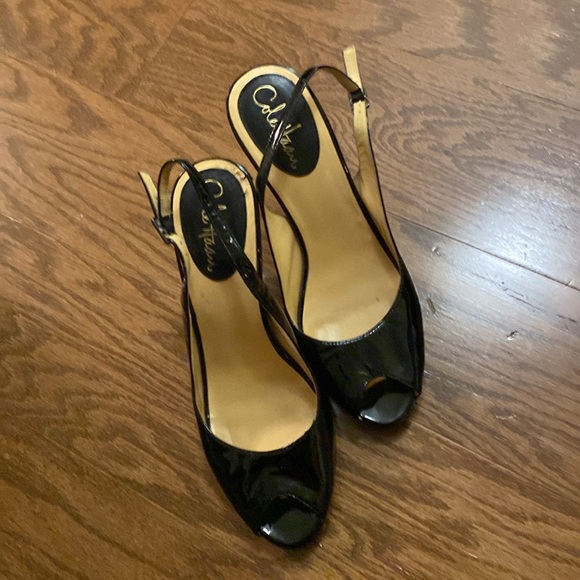 GUC Cole Haan Nike Air Open Toed Herls, Size 8.5, black patent, 4” heels, dog - Picture 2 of 7